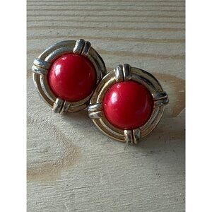 Vintage White Stag Clip-On Earrings Red & Gold Circular Design Retro Fashion Jew